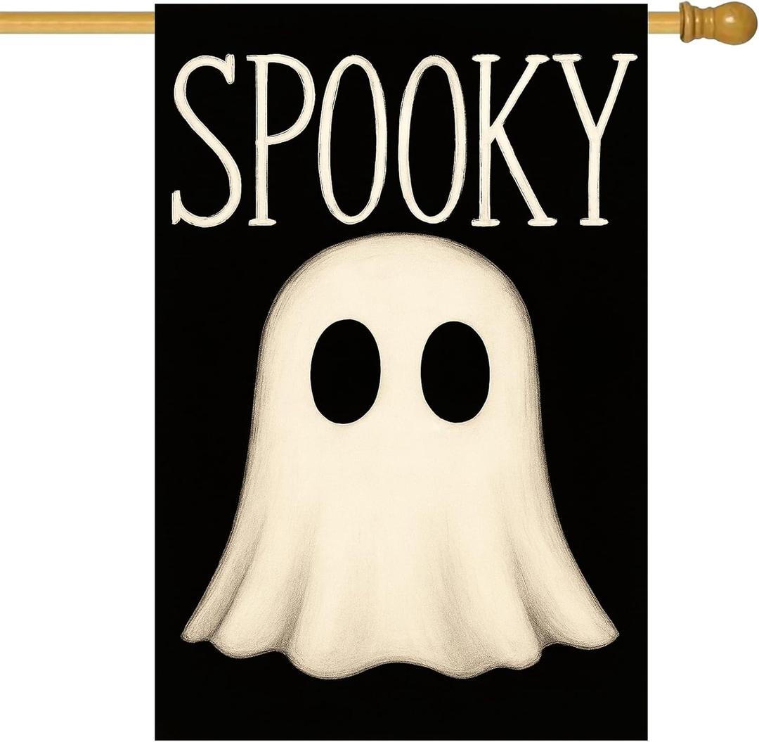 Spooky Ghost Halloween House Flag 28 x 40 Inch Double Sided Decorative Fall Holiday Garden Flags Banner for Outdoor Porch Yard Decor Seasonal House Flags and Home Decorative Display