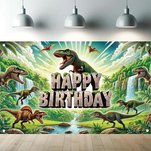 Dinosaur Happy Birthday Banner Backdrop Jurassic Jungle Party Decorations Realistic T-Rex Waterfalls Prehistoric Scene Props Decorations Photography Background 70.8 x 43.3 Inch