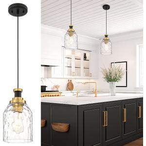zeyu Large Pendant Lights Kitchen Island, Modern Hanging Lamp for Bedroom Living Room, Water Ripple Glass Shade, Black and Gold Finish, ZG33M1L-L BK+BG-WG