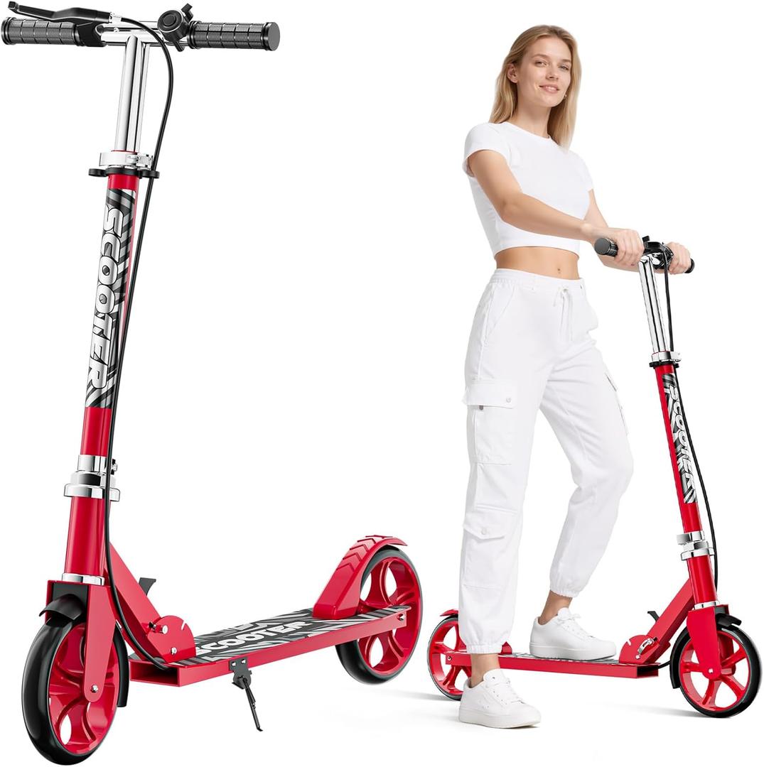 Scooters for Kids 8-12, Teens & Adults - Lightweight, Foldable, 8-Inch Big Wheels, Hand Brake & Bell, 4 Adjustable Height Levels, 240 lbs Max Load, Perfect for School, Campus and Park Rides (Red)