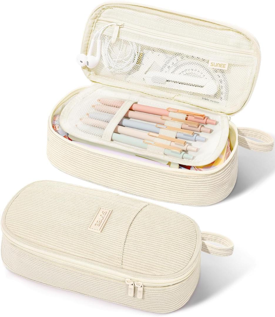 SUNEE Cute Pencil Case, Large Pencil Pouch, Aesthetic Big Pencil Bag with Zipper, Kawaii Stationery Storage and Organizer, School Supplies for Teen and Adult, Boys&Girls, Soft Corduroy Warm Beige