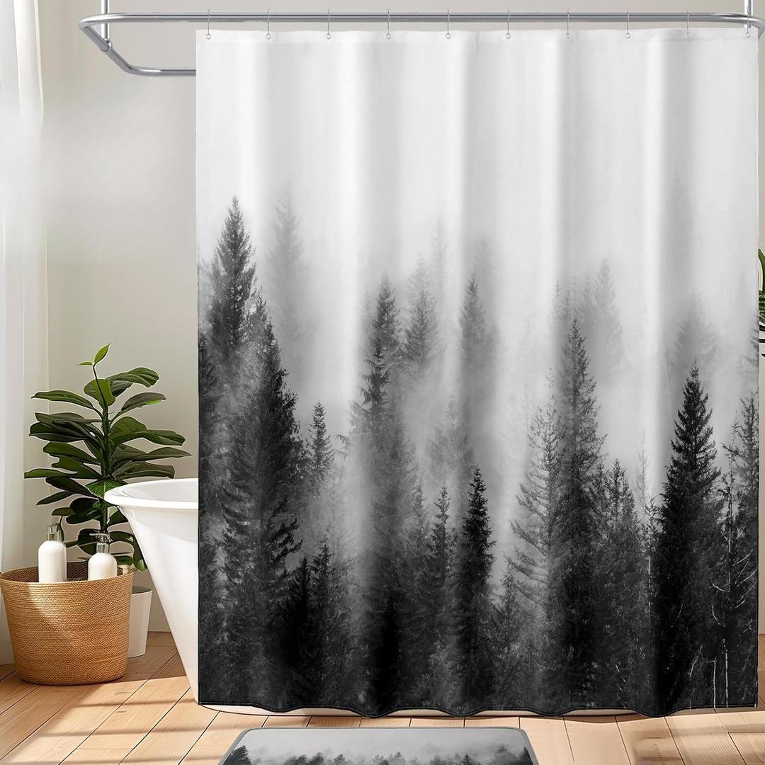 ORTIGIA Black and White Misty Forest Shower Curtain for Bathroom, Nature Woodland Curtain Set with Hooks, Decorative Pine Tree Fog Magic Bath Decor for Home Weighted, 72x72