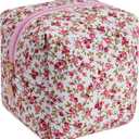 Cube Cosmetic Makeup Bag Small Cotton Quilted Makeup Pouch for Purse Cute Floral Travel Toiletry Zipper Pouch (Red Floral)