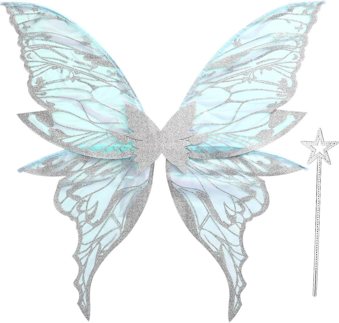 Fairy Wings for Adults Women 31.5"x29.5" Fairy Costume Set Large Butterfly Wings for Halloween Party (Glacier Blue)
