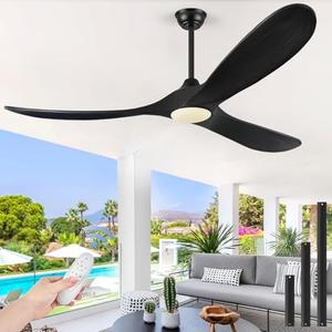ABZ Ceiling Fans with Lights and Remote Control, 60 Inch Solid Wood Propeller Outdoor Ceiling Fan for Patios, 3 Blades Black Ceiling Fan with Light for Indoor Porch Farmhouse, Matte Black Piece Is Broken Off