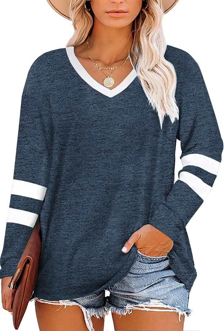 Haloumoning Women's Plus Size Tops Striped Long Sleeve V Neck T Shirts Color Block Casual Tunics Tee Shirt A-Navy Blue, Size XXL