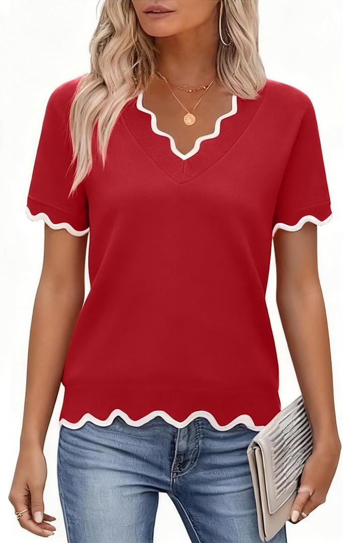 BONITEE Womens Summer Short Sleeve Tops Casual V Neck Shirts Classy Knit Pullover Blouses Lightweight Sweater Cute Clothes (Red, L)