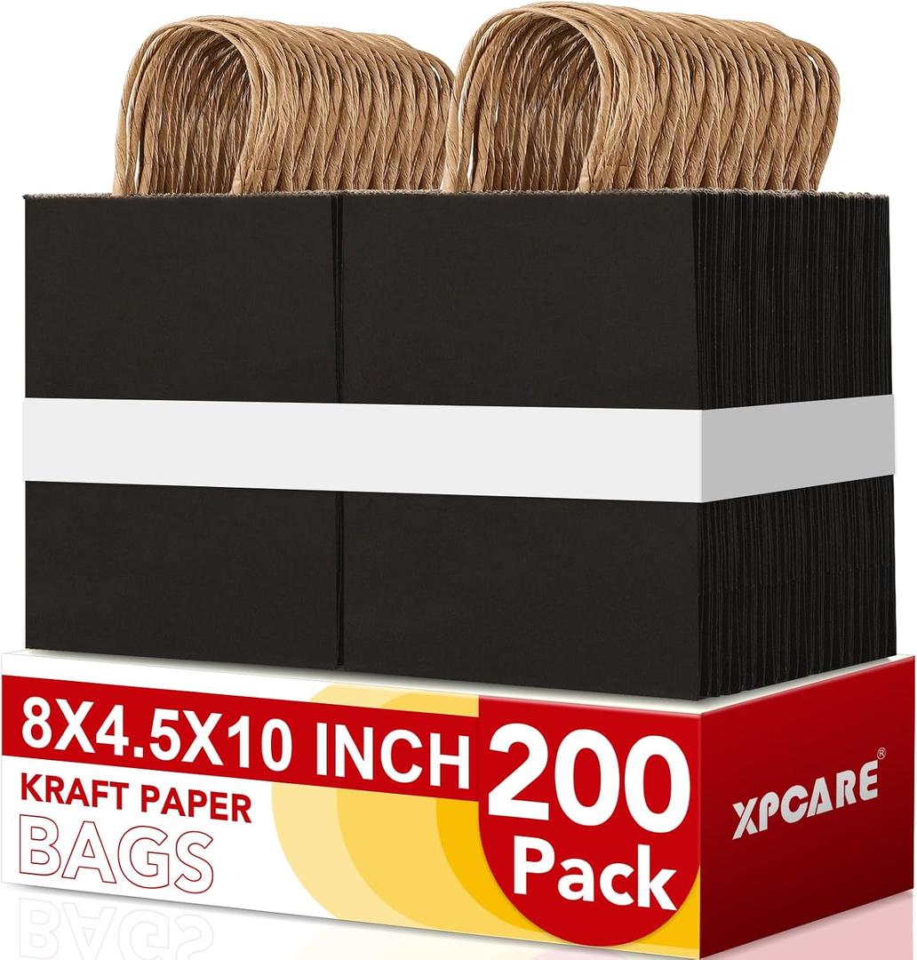 XPCARE 200Pack Paper Bags 8x4.5x10 Inch, Plain Medium Paper Bags with Handles Bulk, Kraft Paper Gift Bag, Retail, Party, Shopping, Favor Bag(Black), 1 count