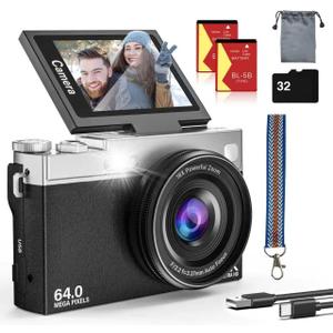 2025 New 4K Digital Camera for Photography and Vlogging, 64MP & 2.88" 180 Flip Screen Travel Cameras with 16X Zoom, 32GB SD Card, 2 Batteries, Anti-Shake, Perfect for Teens and Beginners (Black)