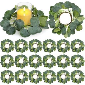 20 PCS Candle Rings - Artificial Eucalyptus Leaves Candle Wreaths Greenery for Pillar Fireplace Wedding Table Centerpieces Farmhouse Home Kitchen Decor