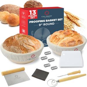 Bread Proofing Basket Set of 2 - Round 9" Sourdough Bread Baking Supplies w/Linen Liner, Scrapers, Scoring Lame, Whisk, Blades Banneton Proofing Baskets - Sourdough Starter Kit for Beginners