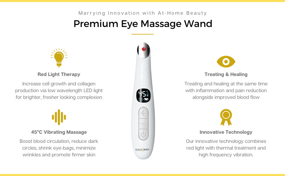 PLEEZBODY Eye Massager Wand - Bag/Dark Circle/Puffiness/Wrinkle remover 37 to 45 Degree Celsius vibrating massage absorption & blood flow Red Light for cell repair Ergonomic easy controls White