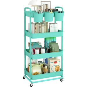 JIUYOTREE 4-Tier Plastic Rolling Storage Cart Utility Cart with Extra Hanging Cups Handles Lockable Wheels for Living Room Bathroom Kitchen Office, Green