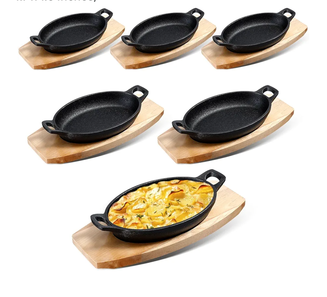 Mifoci 6 Pcs Mini Cast Iron Skillet with Wooden Base Small Cast Iron Fajita Plates Baker's Skillet Matte Black Pan Pot for Kitchen Restaurant Barbecue Dinner (8.7 x 4.7 x 1.6 Inches)