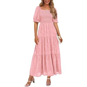 PRETTYGARDEN Women's 2026 Summer Casual Midi Dresses Square Neck Short Sleeve Smocked A Line Floral Flowy Elegant Boho Dress (Pink, S)