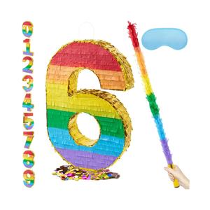 PCFING 20 Inch Number 6 Piñata Rainbow with 30 Inch Piñata Stick Blindfold Confetti for Boys Girls Adults Birthday Party Decorations, Anniversary Celebration, Fiesta