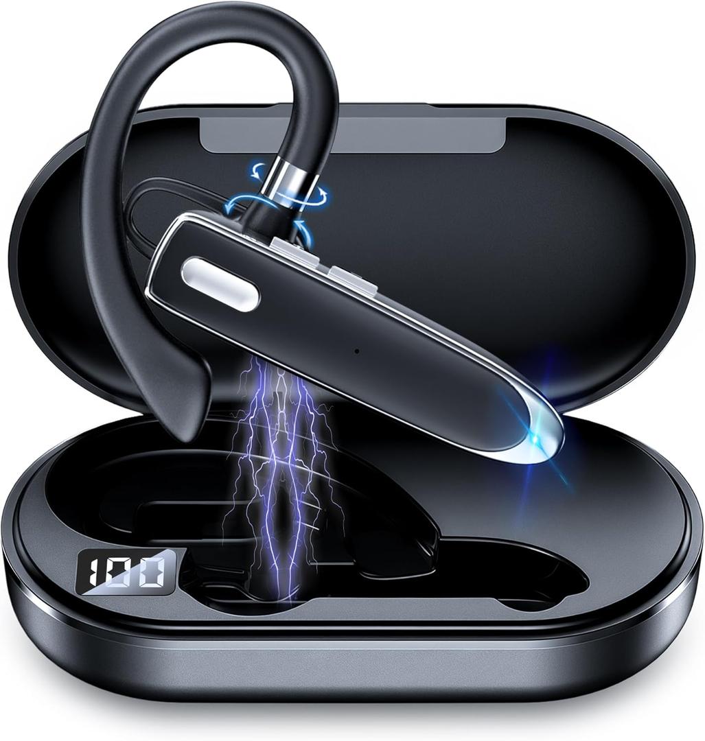 Bluetooth Headset Single Ear Business Earbuds, Bluetooth 6.1 Wireless Headphones with Mic,Earbuds with 800mAh Charging Case,100H Standby Time Bluetooth Earpiece,Earphones for Work,Trucker,Office (Black)