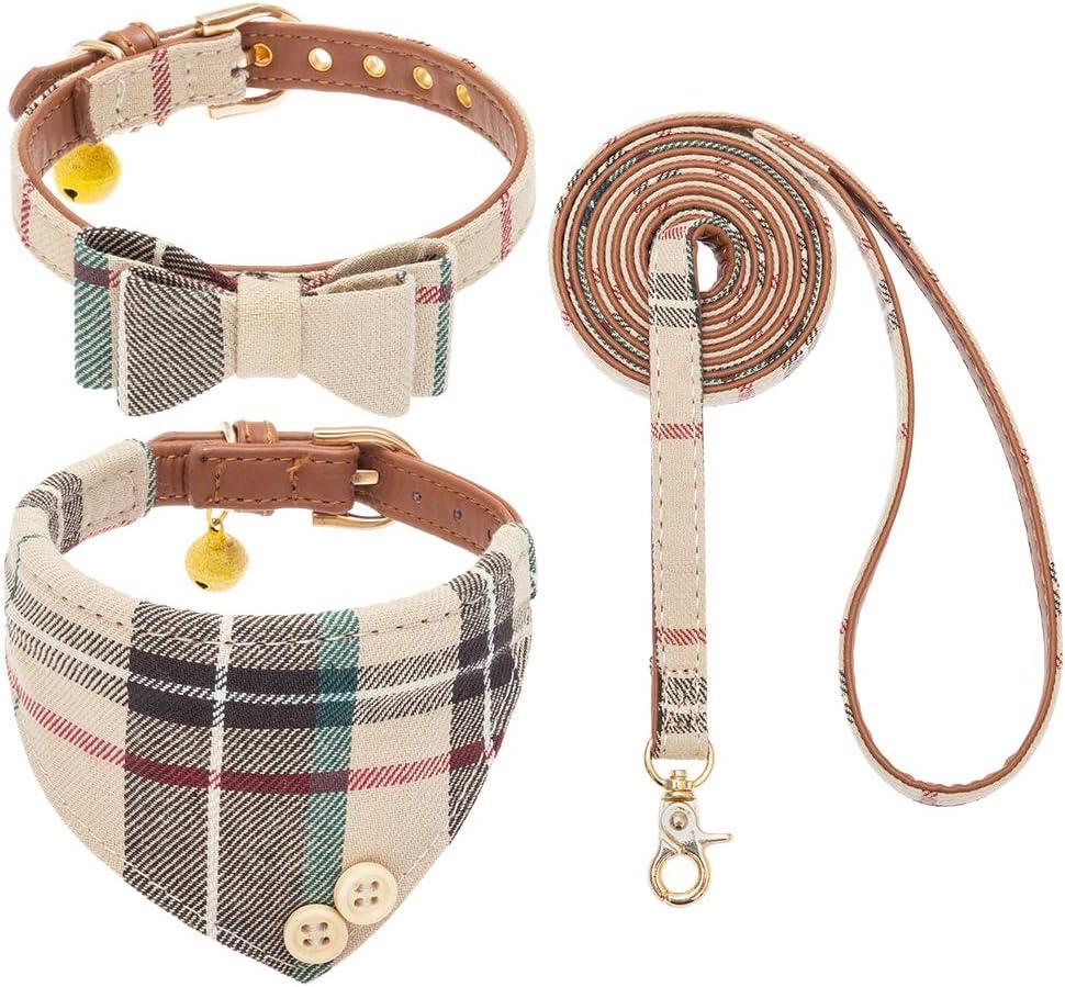 EXPAWLORER Dog Collar and Leash Set - Classic Plaid Dog Bow Tie and Dog Bandana Collar with Bell, Dog Leash Tangle Free, Adjustable Collars for Small Medium Large Dogs Cats, Holiday Ideal Gift (Cream)
