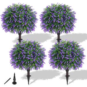 Yangrass 4Pack Fake Lavender Topiary Ball with Boxwood Leave & Ground Spike