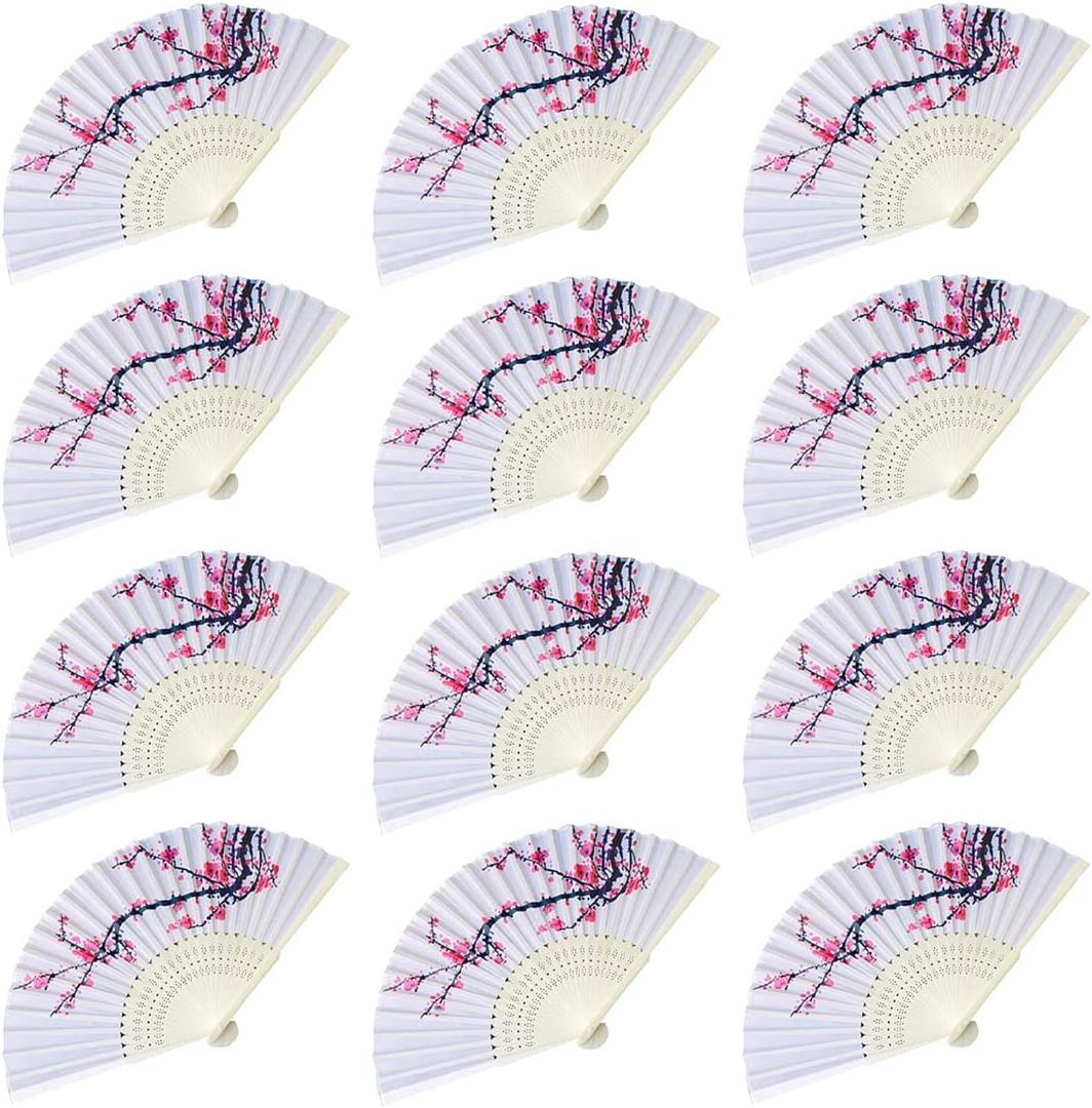 LYART 12PCS Delicate Cherry Blossom Design Silk Folding Hand Fan Wedding Favors Gifts,Fan Girls, Ladies, Church Wedding Gift, Party Favors, DIY Decoration Music Festival, Party, Parade (1.cherry Fan-12pcs)