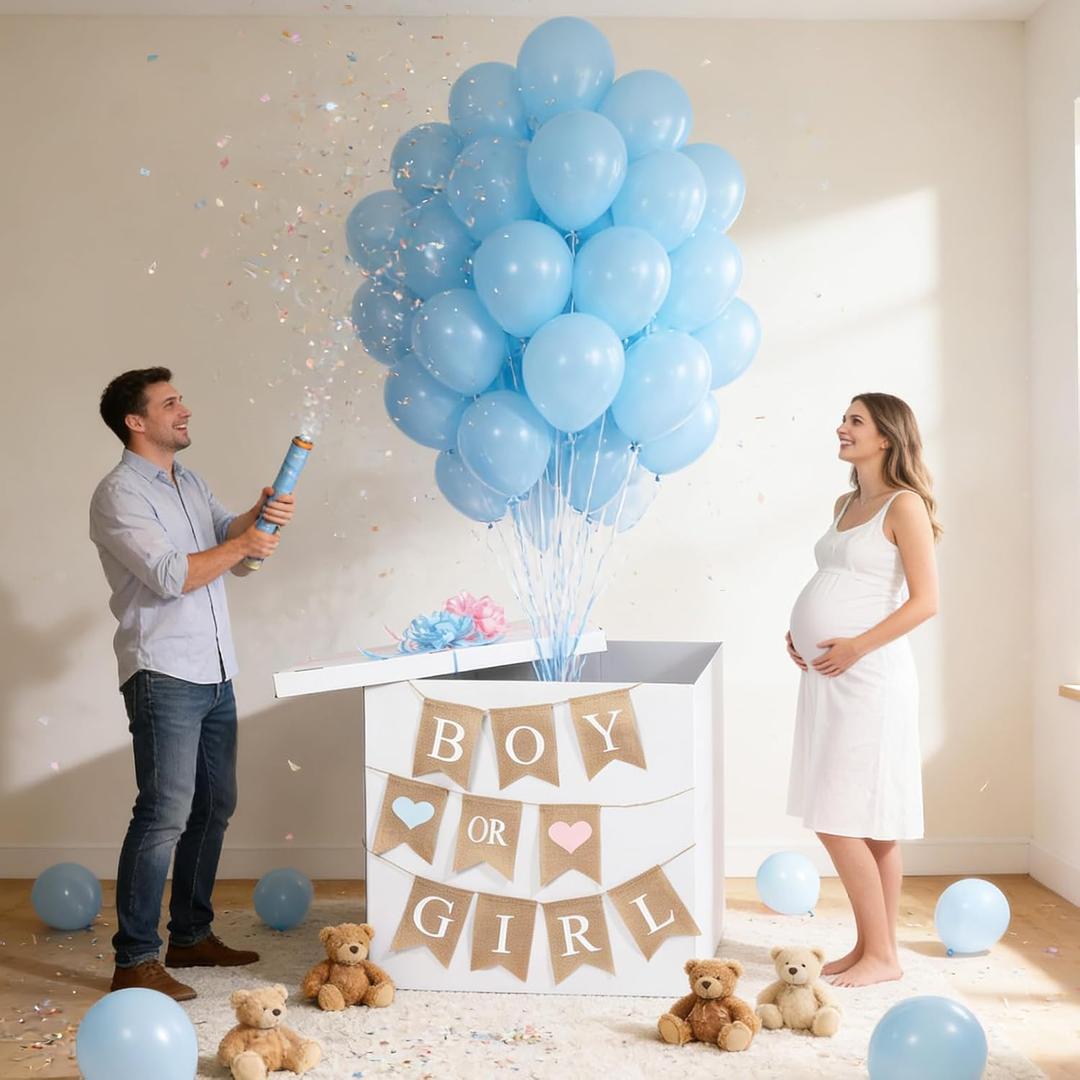 28in Jumbo Gender Reveal Box with 40 Blue Balloons Boy or Girl Banner Pull Bows Ribbons Gender Reveal Ideas Decoration for Welcome Baby Shower He or She Open to See Birthday Party Supplies (Boy)