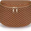 FODOKO Woven Crossbody Bag for Women Woven pu Leather Bum Bags Checkered Cross body purse with zipper Adjustable straps（Checkered Coffee brown