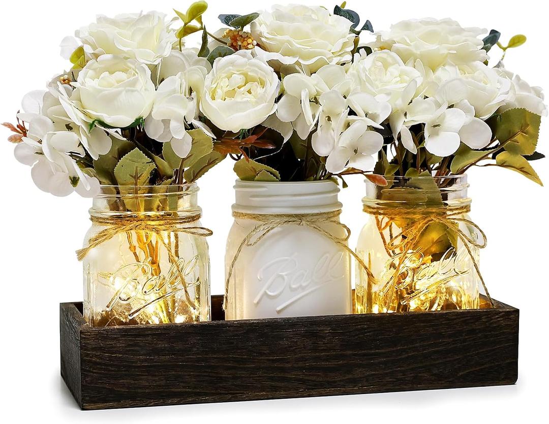 Mason Jar Centerpiece Table Decor for Dining Room Farmhouse Coffee Table Decor with Wood Tray Fairy Lights Fake Flowers for Valentine's Day Kitchen Living Dining Room - Ivory White, 11 inches