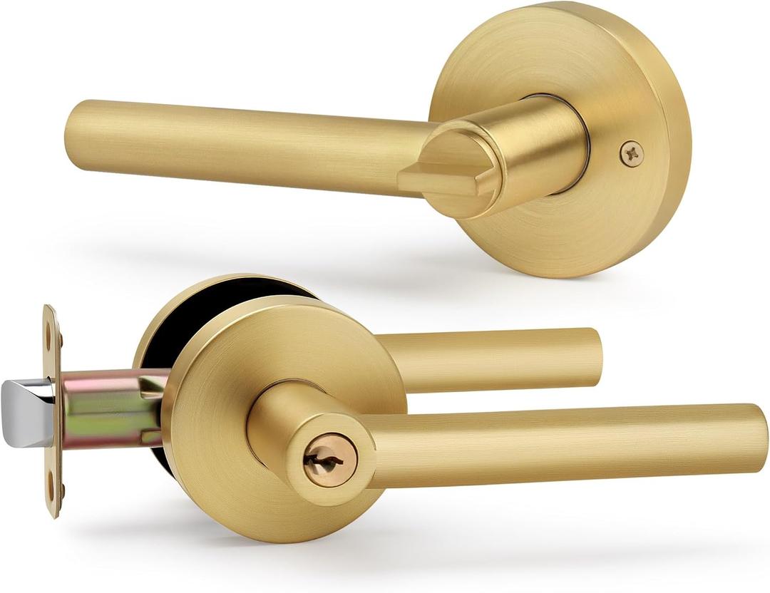 Brushed Gold Entry Door Handle with Lock and Keys, Round Design Heavy Duty Gold Interior Door Lever with Satin Brass Finish, Reversible for Left/Right Handed for Entrance and Front Door (1 Pack)