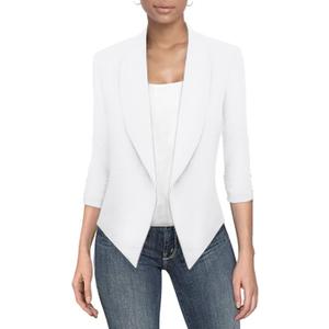Hybrid & Company Lightweight Open Front Cardigan Classic Ruched Sleeve Work Office Blazer Suit Jackets (Medium, White)