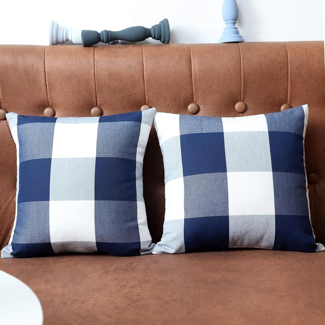 Buffalo Check Plaid Pillow Covers Decorative Outdoor Throw Pillow Covers 12 x 12 Farmhouse Throw Pillows for Couch Sofa Bed Home Pack of 2 Navy Blue
