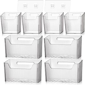 SiliFine 8 Pcs Storage Organizer Bins Wall Mounted Organizer Basket Plastic Cabinet Door Bins Stackable Hanging Baskets for Organizing for Wall Refrigerator Kitchen Bathroom Pantry(3.94'',Clear)