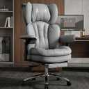 Efomao Big and Tall Office Chair 400lbs, PU Leather Executive Office Chair with Retractable Footrest, 135 Degree Reclining Heavy Duty Desk Chair for Home Office, Light Grey