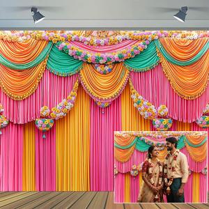7 x 5 ft Indian Backdrop India Religious Colorful Curtain Flower Decorations for Home Traditional Diwali Pooja Backdrop Mehndi Religious Festival Wedding Bridal Shower Party Photo Banner Supplies (Pink)