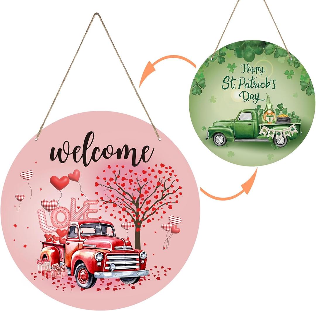 4 x Valentines Day Decorations St Patricks Day Decorations Reversible Valentines Wreath Truck Door Decor Hanging Wall Welcome Sign Wooden Front Door Hanger Wreath for Porch Wall Indoor Home Decor
