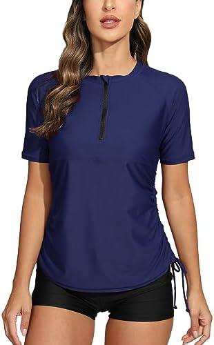 Halcurt Women's Half Zip Short Sleeve Rash Guard Swimsuit Top Ruched Swim Shirt UPF50+ Quick Dry Bathing Suit, L