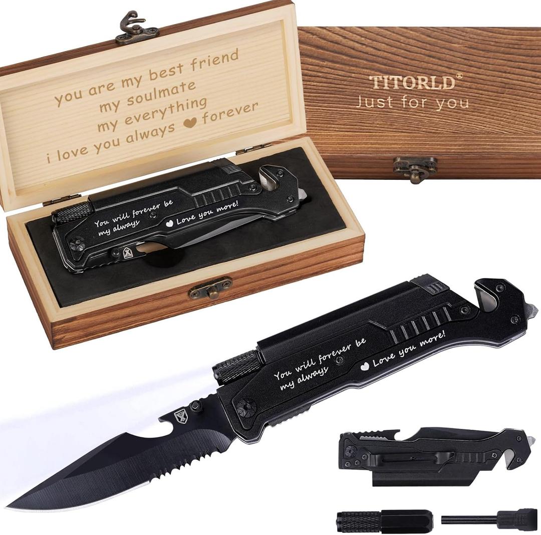 Gifts for Men Dad Fathers Day, Anniversary Birthday Gifts for Him Boyfriend Husband, Engraved Pocket Knife, Camping Hiking Multitool Knife Present, 7 in 1 Folding Knives with Wood Box, LED Light