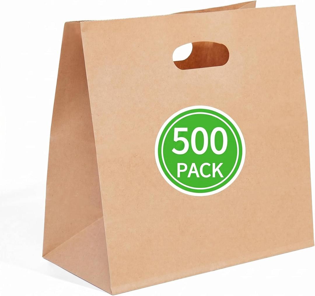 PAICUIKE 500Pcs 11x6x11 Brown Kraft Paper Bags with Handle - Tote Grocery Bags Bulk for Restaurant, Bakery, Retail, Takeout