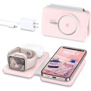 3 in 1 Wireless Charging Station for iPhone 17 16 15 14 13 12 Pro Max Plus Foldable Magnetic Charger Pad for Apple Watch Series & AirPods Fast Wireless Charging Dock for Travel & Home