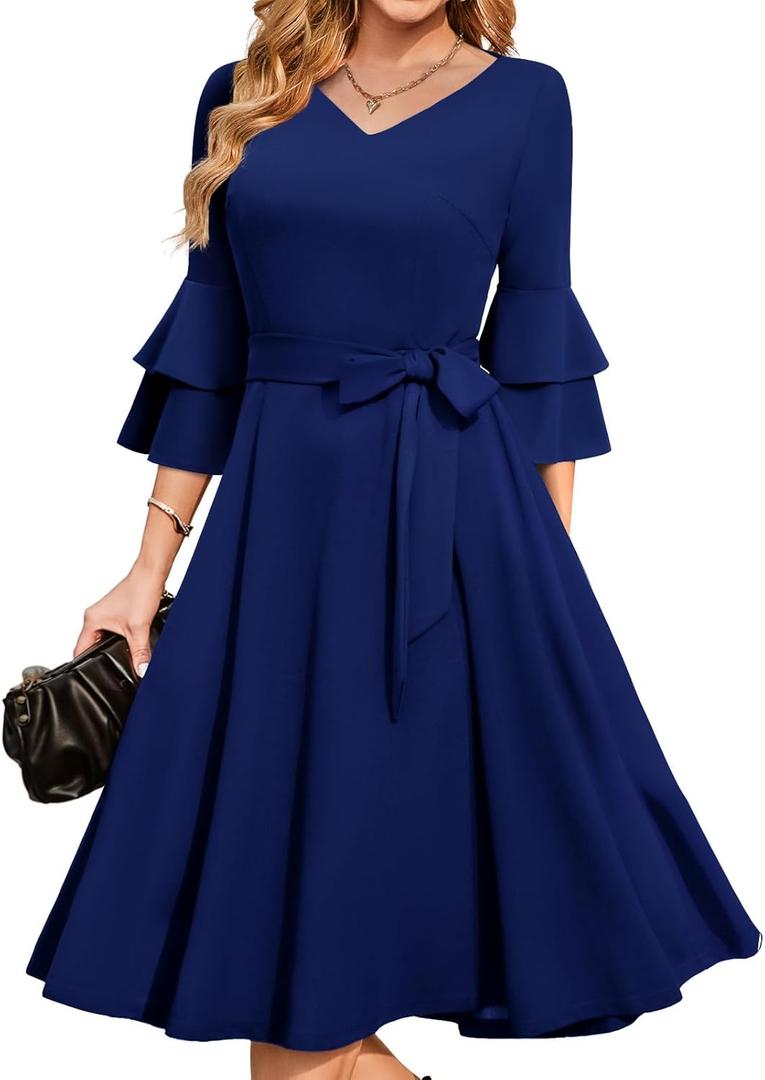 DRESSTELLS Women's Cocktail Dress Summer Wedding Guest Party Vintage 3/4 Bell Sleeve V Neck A-Line Dress (Blue, S)