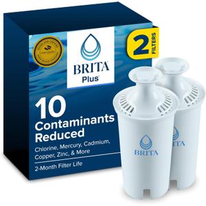 Brita Plus Water Filter, BPA-Free, High-Density Replacement Filter for Pitchers and Dispensers, Reduces 2x Contaminants*, Lasts Two Months or 40 Gallons, Includes 2 Filters