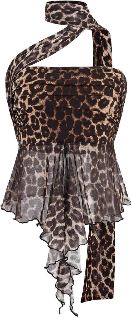 Milumia Women Leopard Print Mesh Halter Top with Scarf Ruffle Trim Crop Tops (Medium, Dark Brown)