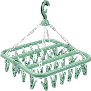 Clothes Drying Hanger with 32 Clips and Drip Foldable Hanging Rack (Light Green)
