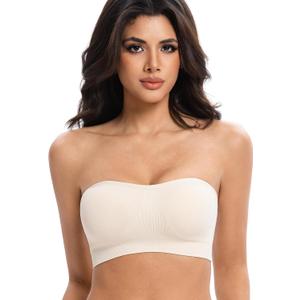 Lusait Strapless Bras for Women Non-Slip Seamless Padded Bandeau Bra Wireless Convertible Tube Top Bralette Beige M