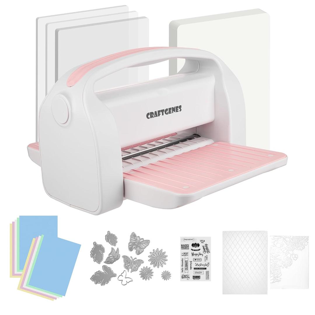 CraftGenes Manual Die Cutting Machine and Embossing Machine, 9'' Opening Size for Cardmaking, Scrapbooking, and DIY Crafts Foldable Complete Set with A4 Die Cuts, Embossing Folders, and Plates(Pink)