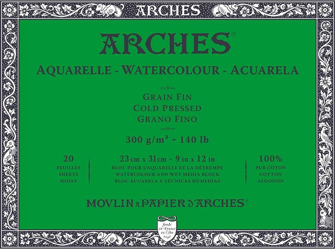 Arches Aquarelle Watercolor Block, Cold Pressed, 140lb/300gsm, 20 Sheet, 9x12 inch, Watercolor Paper 100% Cotton