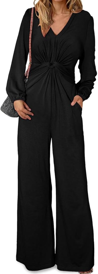 Happy Sailed Jumpsuits for Women Dressy Formal V Neck Twist Front Wedding Guest Jumpsuit Outfits with Pockets (Medium, Black)