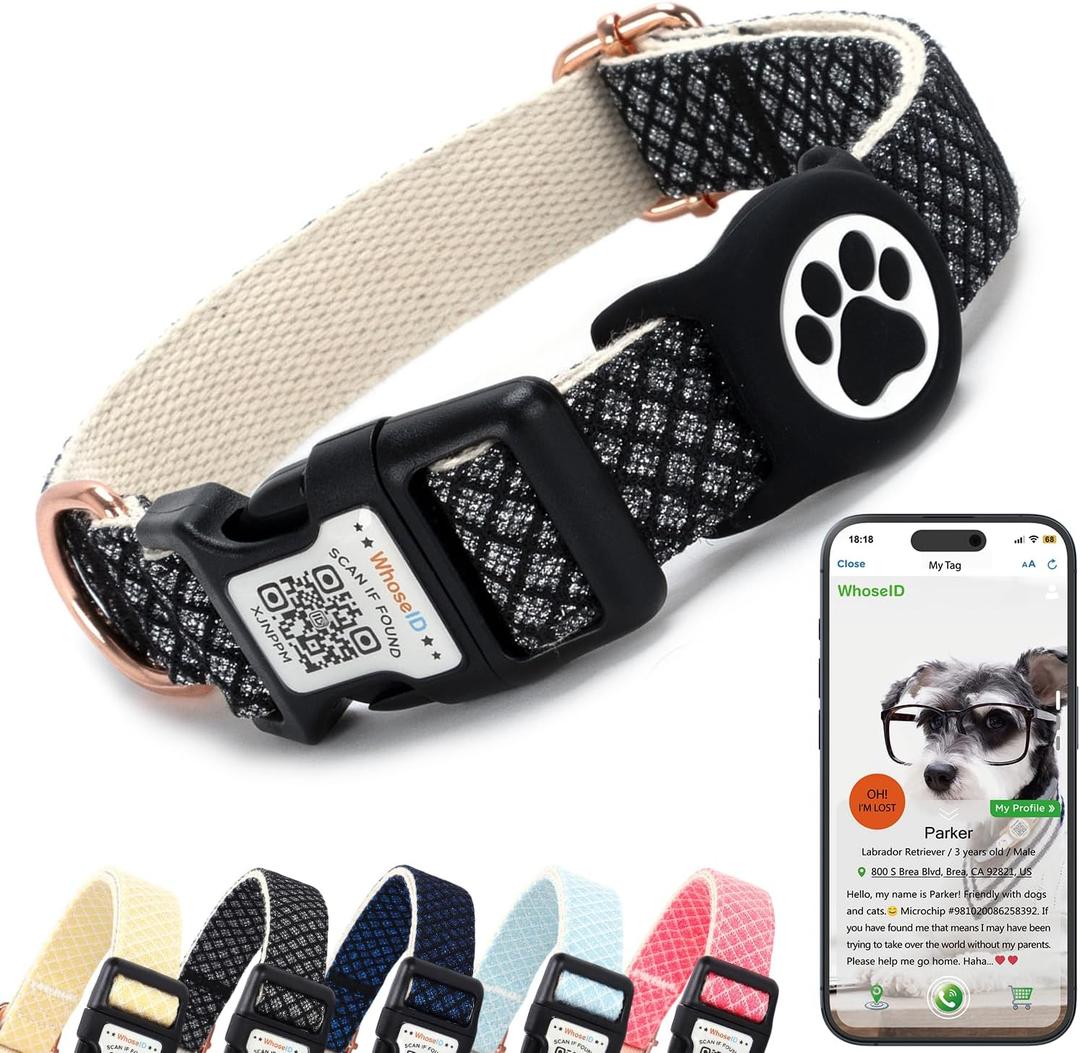 WhoseID Dog Collar with Waterproof AirTag Holder & Anti-Lost QR Code, Cute Bling Warpping Adjustable Width for Small Medium Large Pet (Black, S)