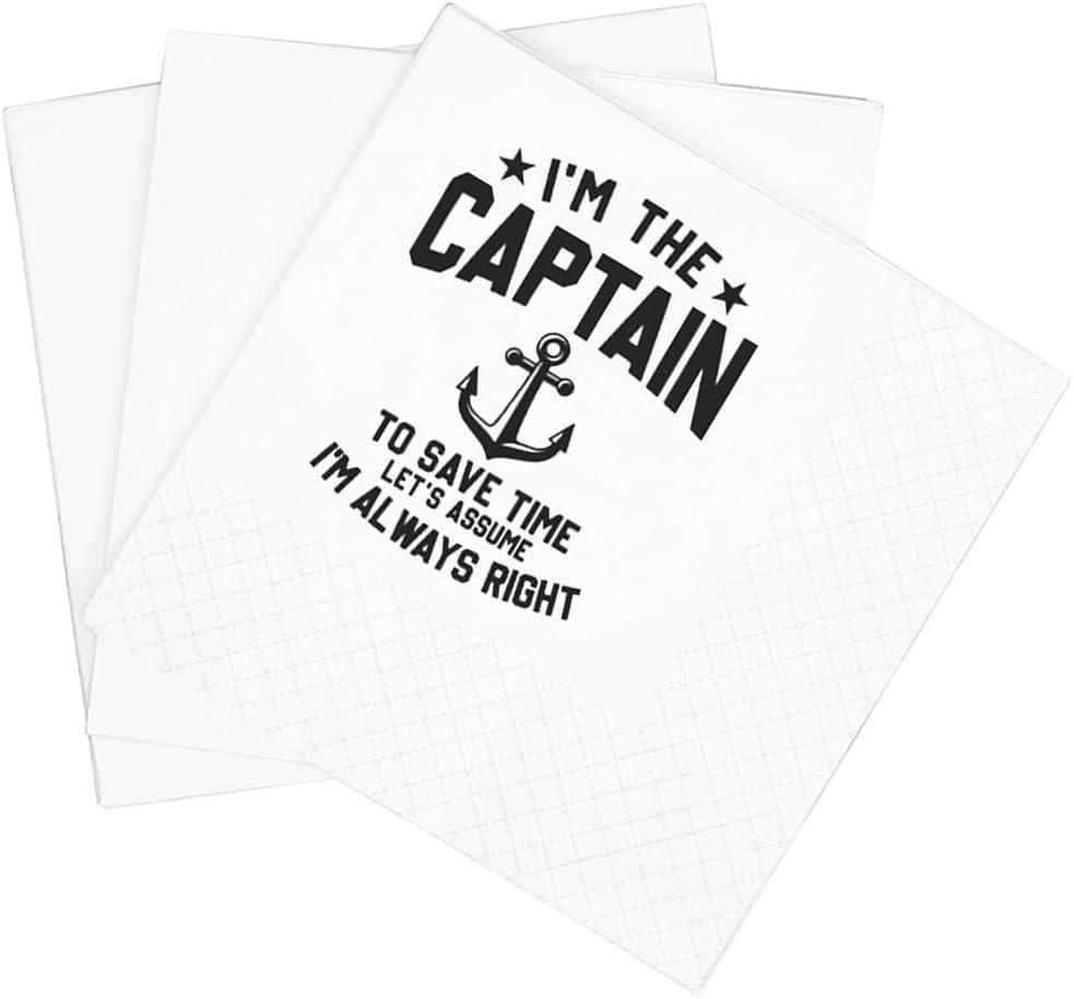 SharkBliss Funny Sarcastic Quotes Cocktail Napkins, 100 Pack The Captain To Save Time Lets Assume Im Always Right Pontoon Joke Cocktail Napkins For Bachelor Birthday 2-Ply, 5x5" (Captain)