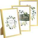 Upsimples 5x7 Picture Frame Set of 3, Made of High Definition Glass for 5 x 7 Gold Frames, Wall and Tabletop Display Thin Border Photo Frame for Home Dcor