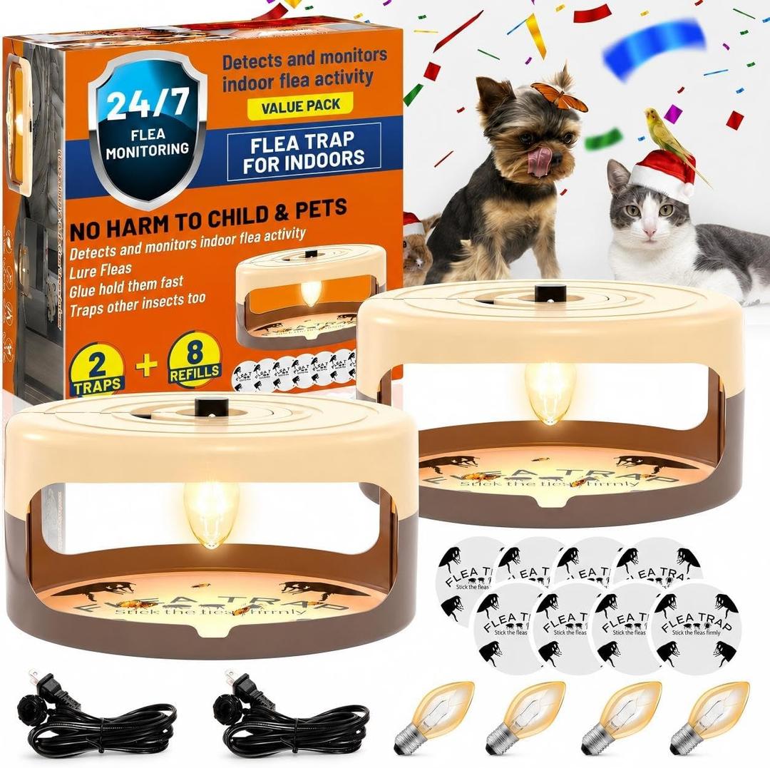 2 Pack Flea Traps for Inside Your Home, Indoor Flea Light, Bed Bug Killer with 8 Sticky Pads & 4 Light Bulb, Odorless Natural Insect Infestation Treatment Trap for Kid Pet
